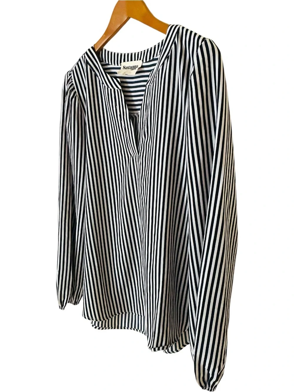 Savanna Jane Boutique Sz LARGE Black White Vertical Stripe V-Neck Dressy Blouse - Picture 4 of 8